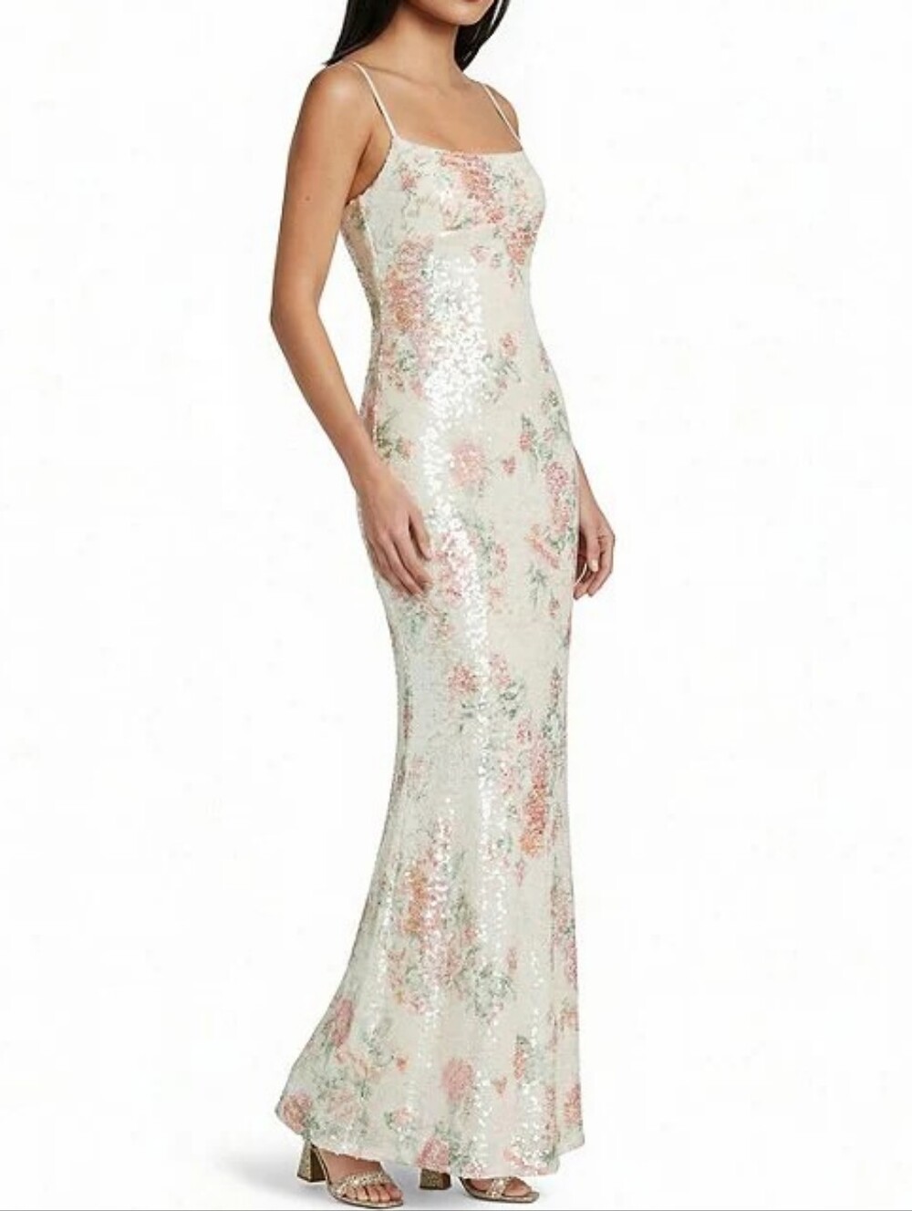 B. Darlin Ivory Sequin Floral Scoop Neck Long Dress Size 1/2